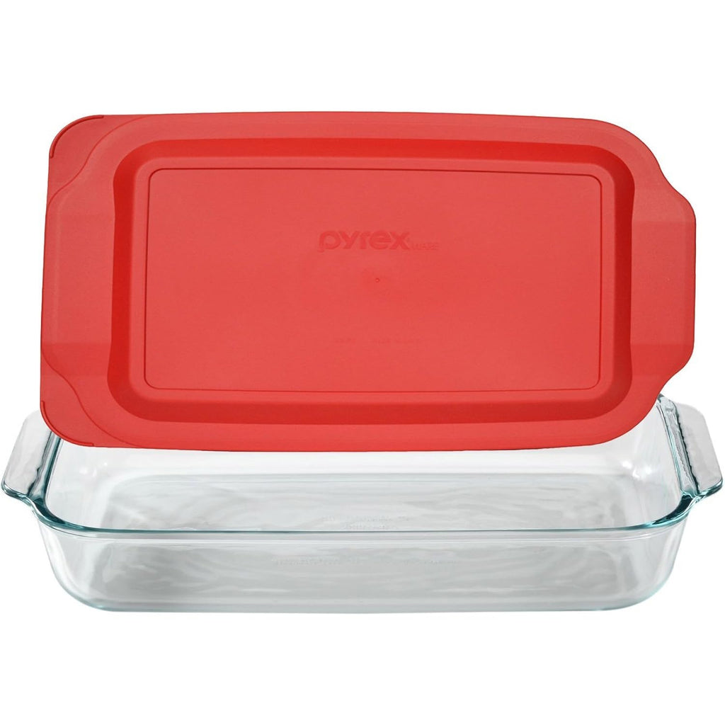 Pyrex (1) 233 3-Qt Rectangular Glass Baking Dish & (1) 233-Pc Red Food Storage Lid – Clear Glass Bakeware – Perfect For Leftovers, Food Preparation And So Much More - Made In The Usa