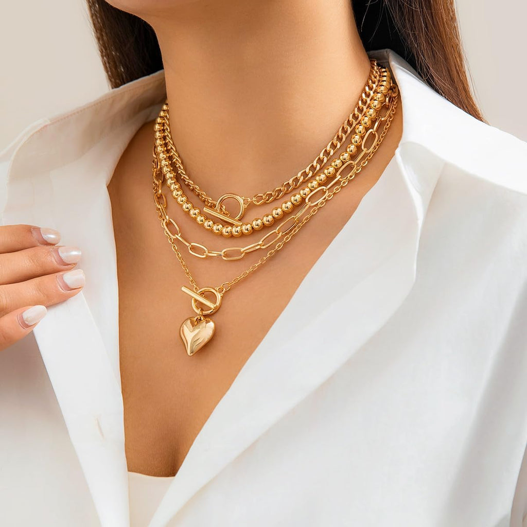 Otxas Layered Necklace for Women Non Tarnish Chunky Necklace Stack for Women Paperclip Chain Necklaces Retro Coin Medallion Heart Pendant Necklaces Chunky Jewelry Set
