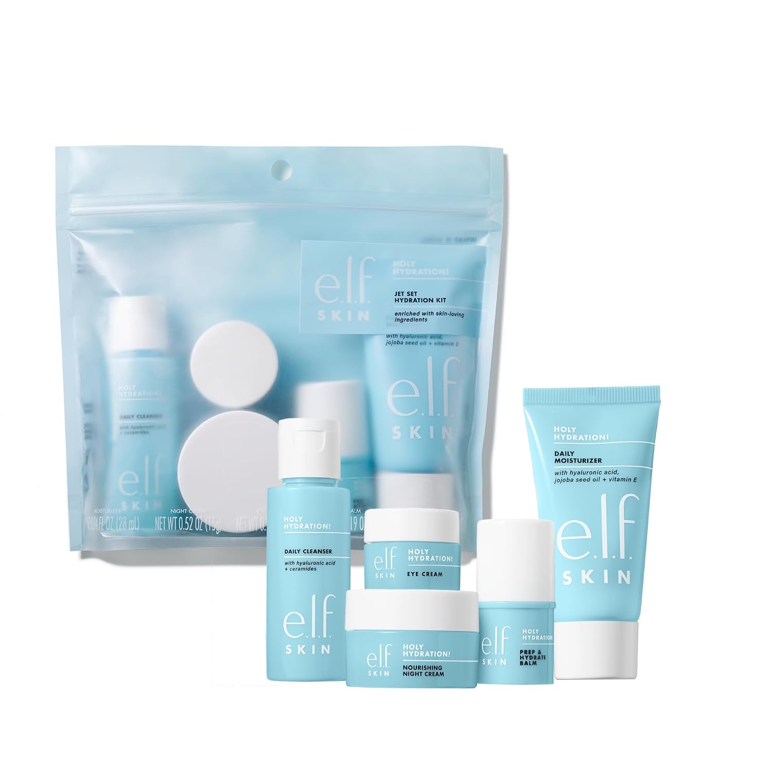 E.L.F. Skin Holy Hydration! Jet Set Hydration Kit, Travel Friendly Hydrating Skincare Set, Face Cleanser, Balm, Moisturizer, Eye Cream & Night Cream, Vegan & Cruelty-Free