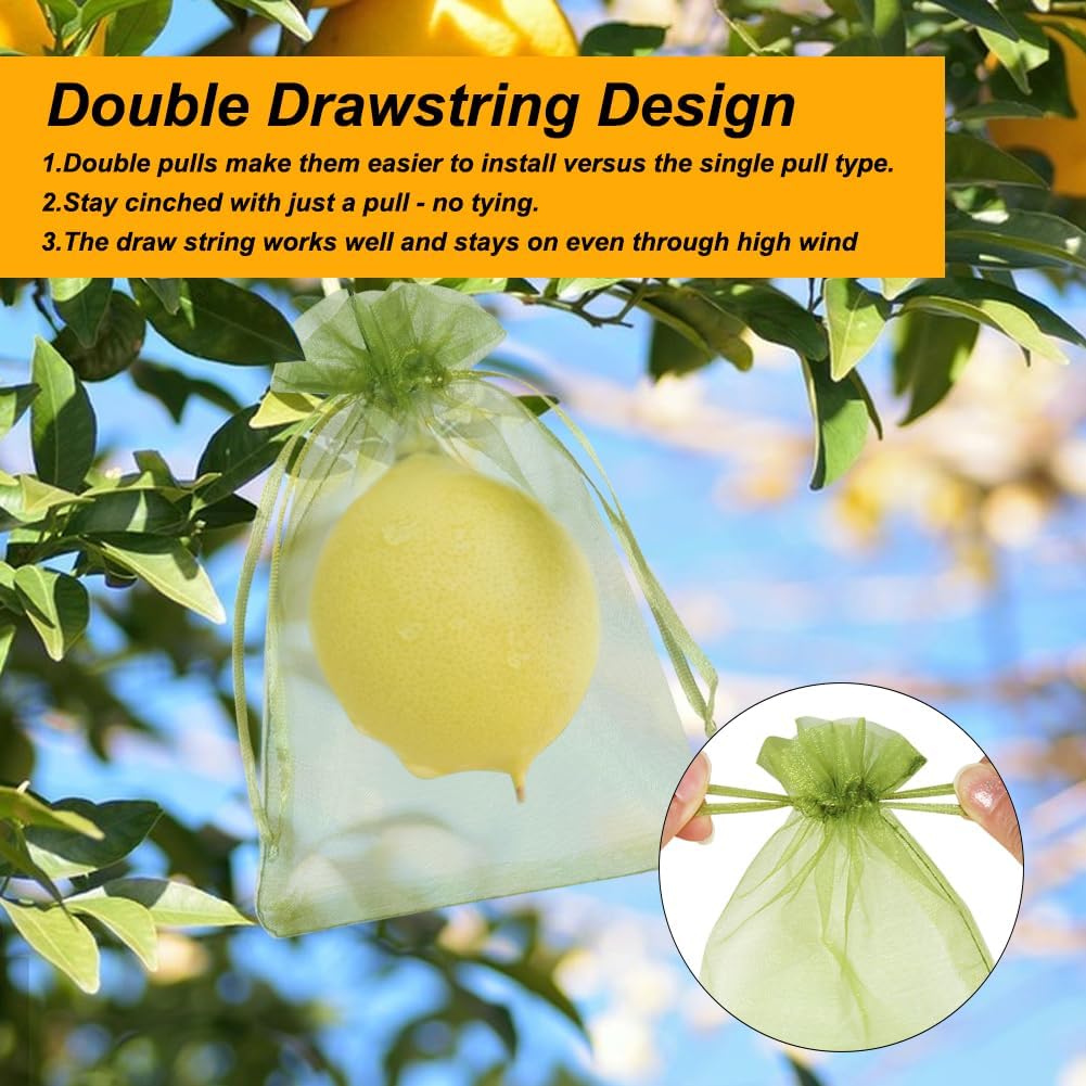 100Pcs Fruit Protection Bags, 4X6 Inch Green Strawberry Netting Cover Drawstring Mesh Bags Pest Barrier For Blueberry Small Fruit