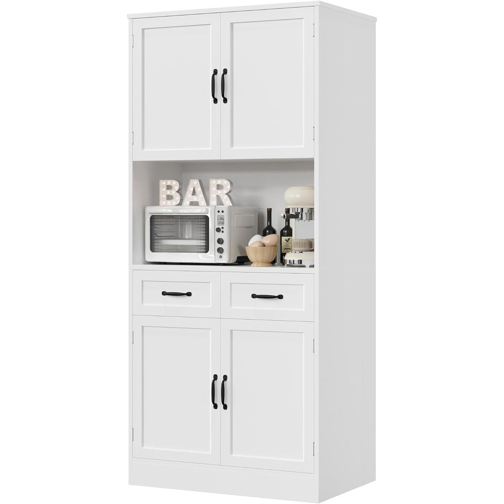 Hostack 71" Tall Kitchen Pantry Storage Cabinet, Wood Kitchen Hutch, White | Modern Pantry Cabinet With Microwave Stand, Hutch Cabinet With Countertop & Drawers, Storage Cabinet For Living Room