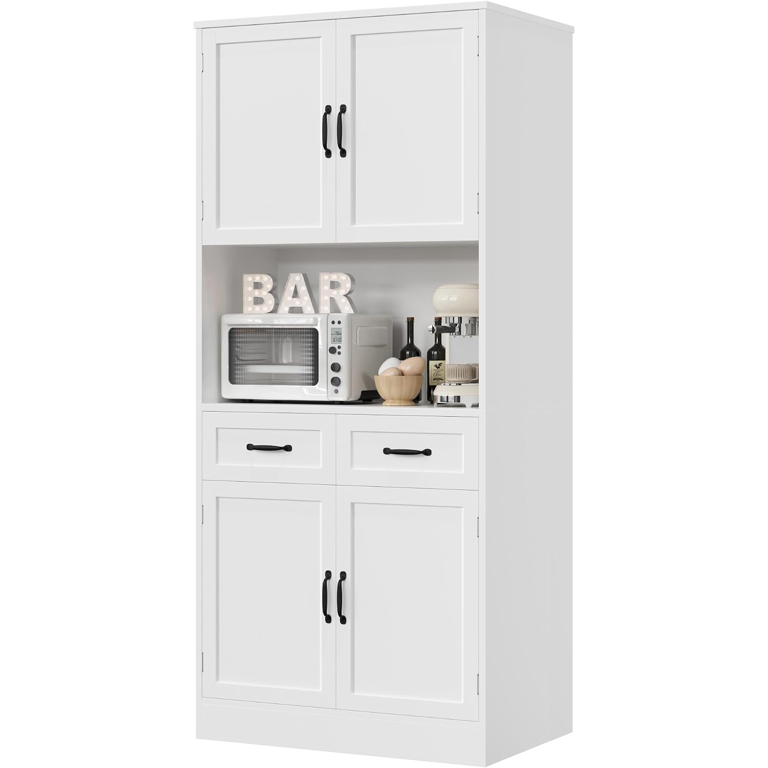 Hostack 71" Tall Kitchen Pantry Storage Cabinet, Wood Kitchen Hutch, White | Modern Pantry Cabinet With Microwave Stand, Hutch Cabinet With Countertop & Drawers, Storage Cabinet For Living Room