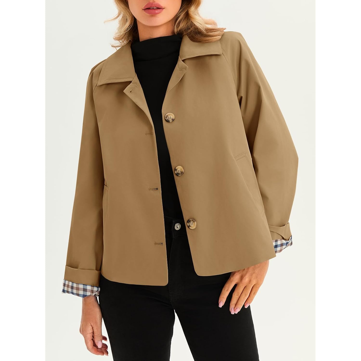 Tankaneo Womens Cropped Trench Coat Lightweight Single Breasted Jacket Fall Windbreaker Fashion Outerwear