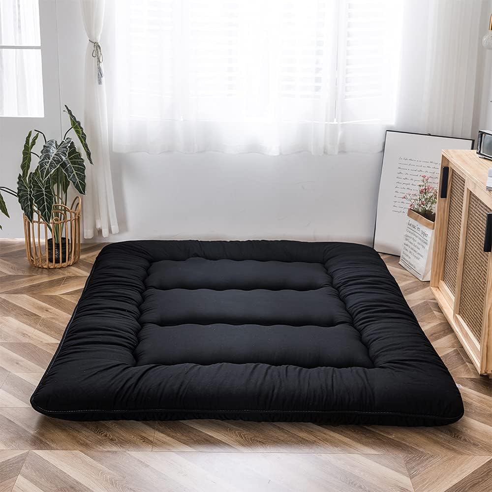 Maxyoyo Japanese Floor Mattress Futon Mattress, 4" Thicken Tatami Mat Sleeping Pad Foldable Roll Up Mat Boys Girls Dormitory Pad Kids Floor Lounger, Black, Full