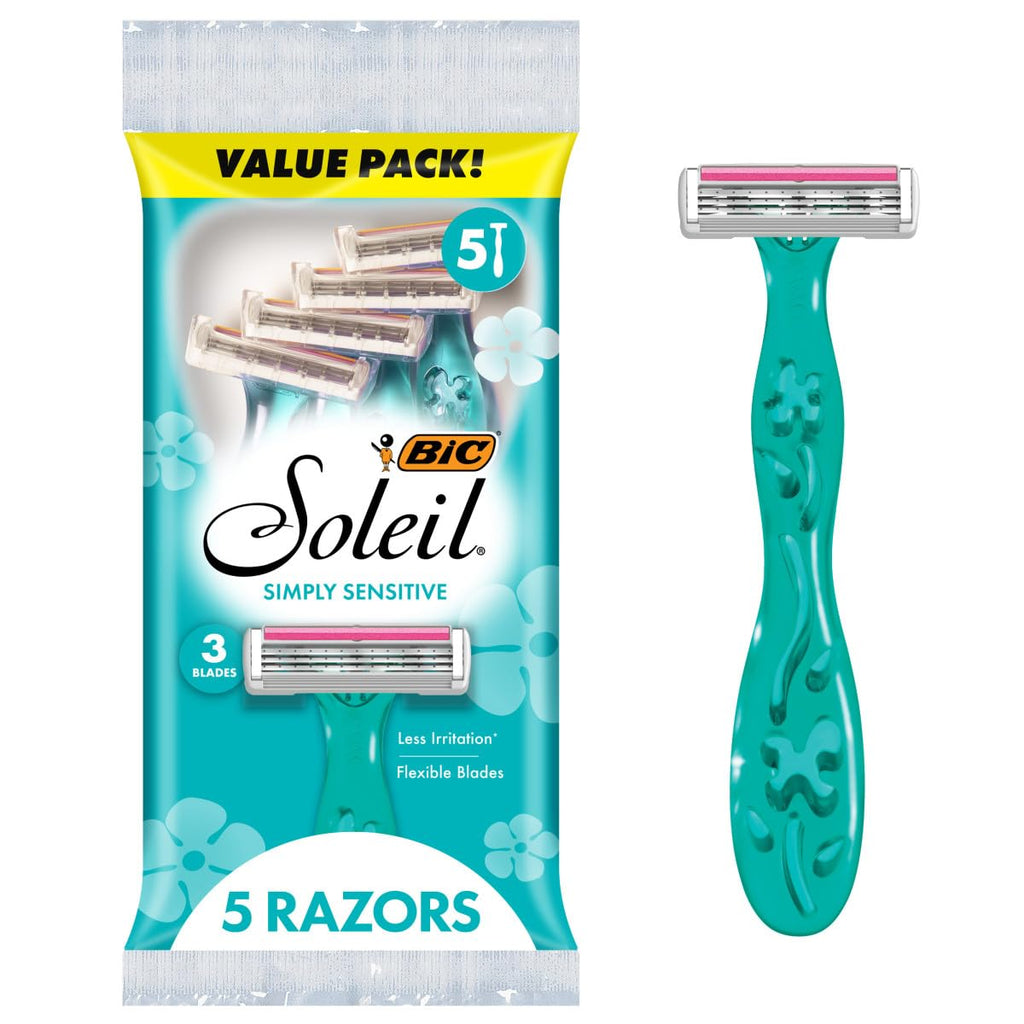 BIC Soleil 3 Simply Women's Disposable 3-Blade Razors, Moisture Strip and Floral Handles for Smooth Summer Shaves, 5-Pack