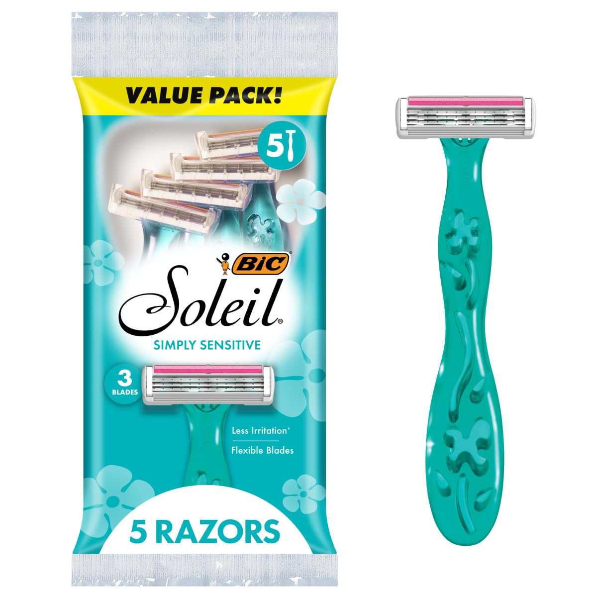 BIC Soleil 3 Simply Women's Disposable 3-Blade Razors, Moisture Strip and Floral Handles for Smooth Summer Shaves, 5-Pack