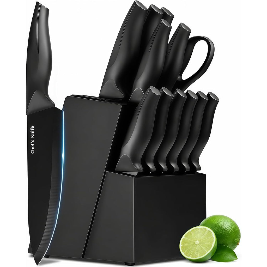 Xanapon Knife Set, 14 Pieces Kitchen Knife Set, High Carbon German Stainless Steel, Dishwasher Safe Cutlery With Built-In Knife Sharpener, Black