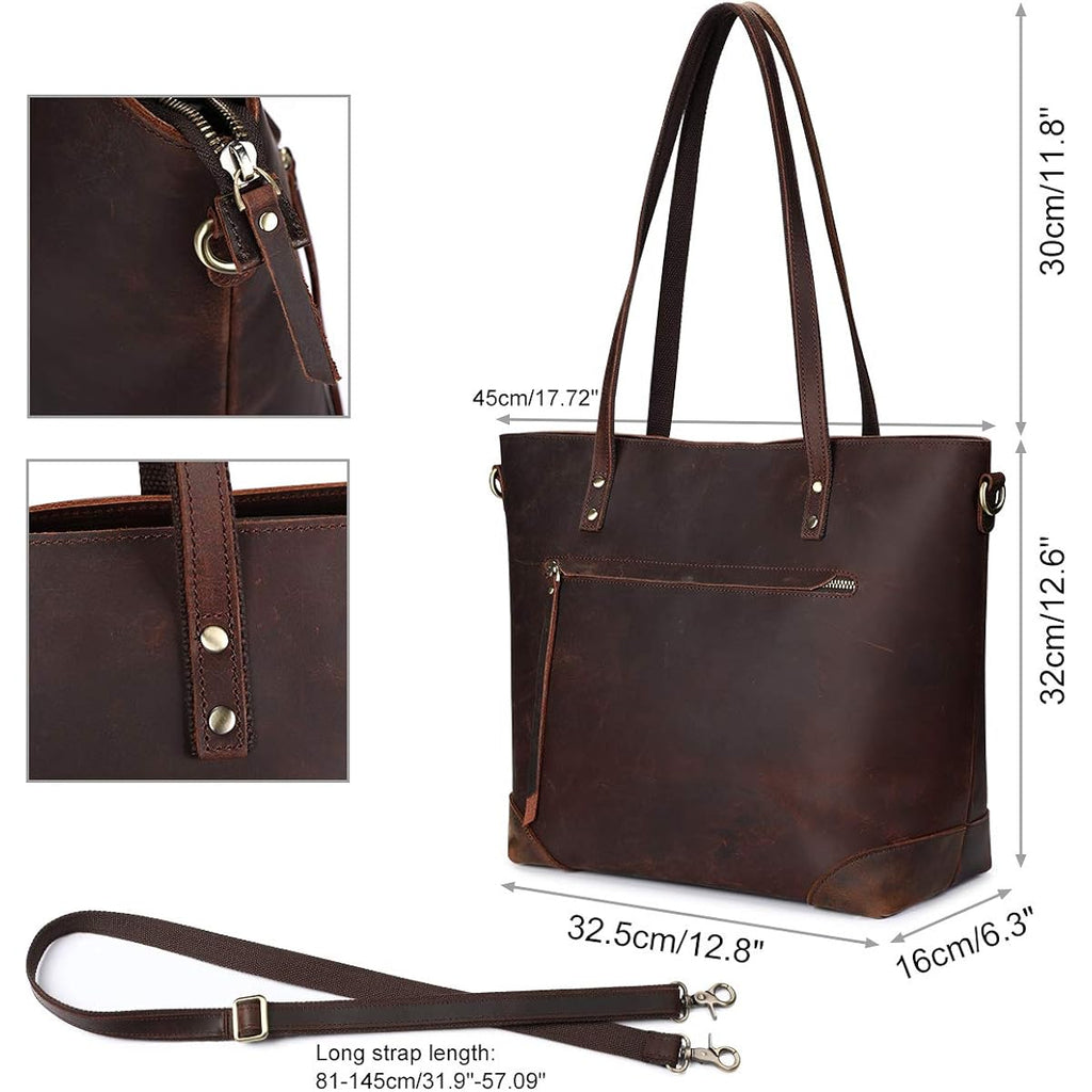 S-Zone Vintage Genuine Leather Shoulder Bag Work Totes For Women Purse Handbag With Back Zipper Pocket Large