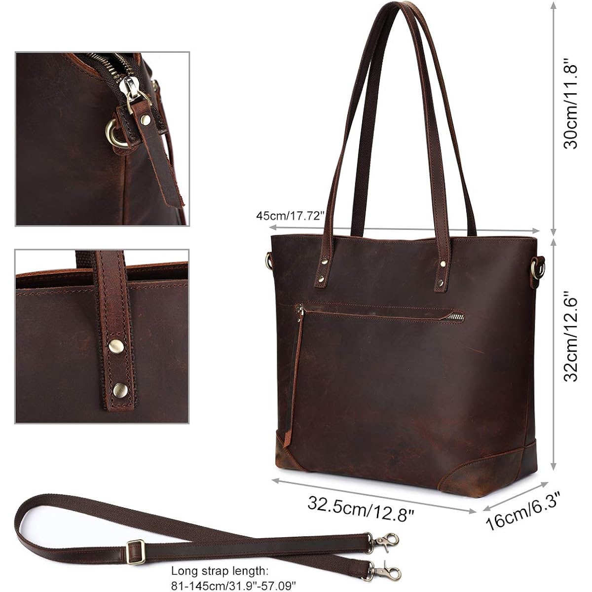 S-ZONE Vintage Genuine Leather Shoulder Bag Work Totes for Women Purse Handbag with Back Zipper Pocket Large