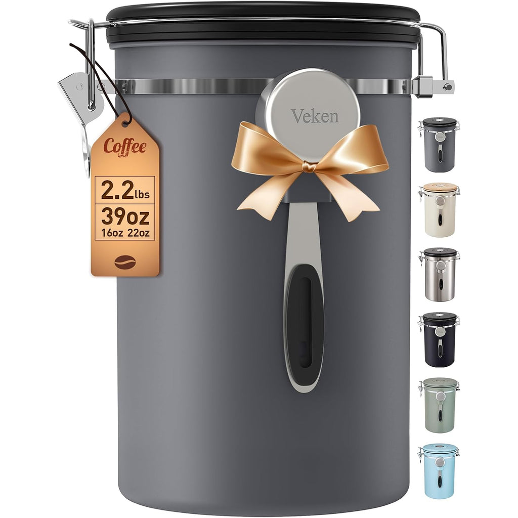 Veken Coffee Canister, 39Oz Large,Airtight Stainless Steel Food Storage Container For 2.2Lbs Beans,Ground,Sugar,Espresso,Rice,Tea,Flour,Cereal,Cookie,Lids,Jars,Gifts,Scoop,Kitchen Bar Accessories,Gray