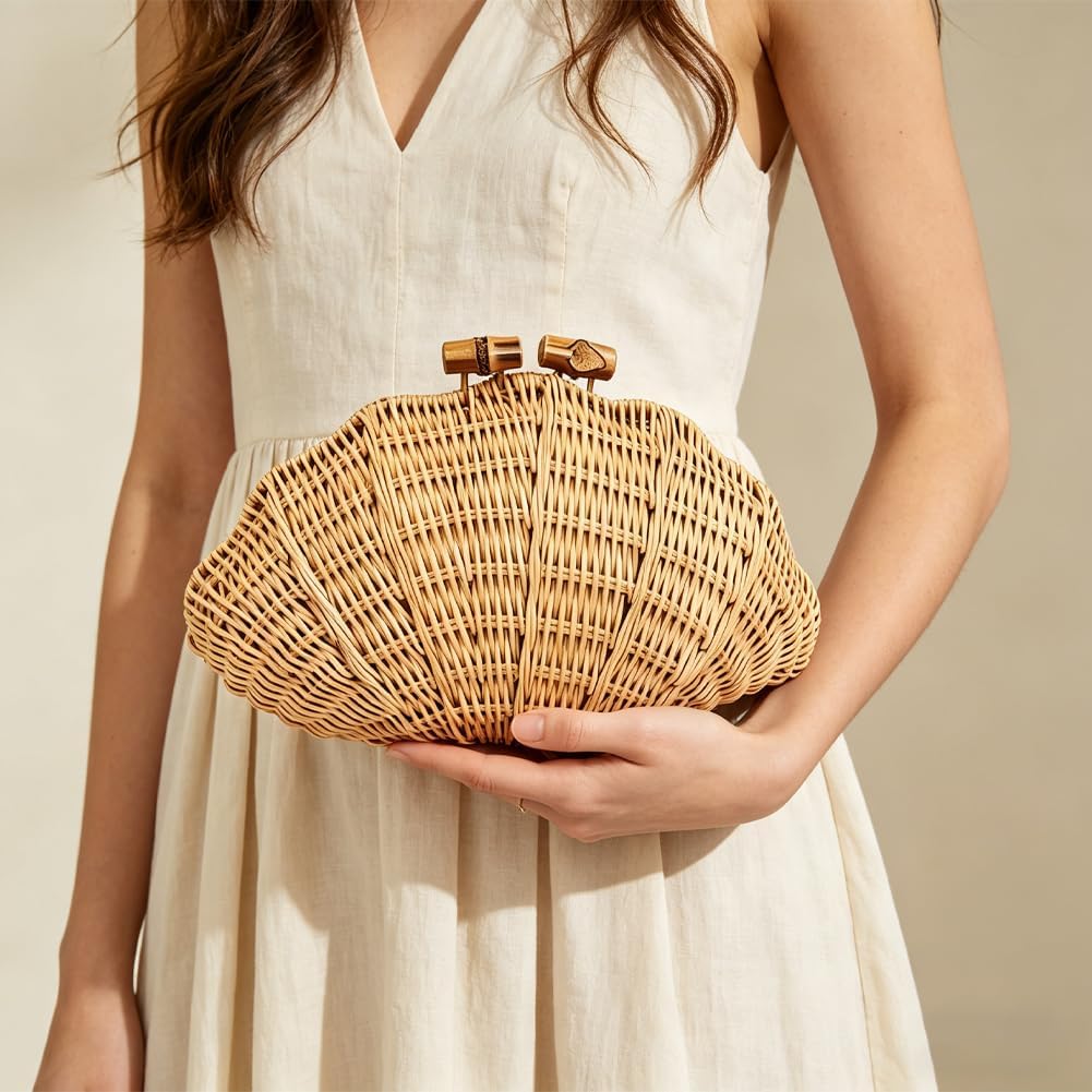 Cuxva Handwoven Shell Rattan Clutch For Women Summer Beach Straw Bags Sea Shell Clutch Purse