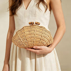 Cuxva Handwoven Shell Rattan Clutch For Women Summer Beach Straw Bags Sea Shell Clutch Purse