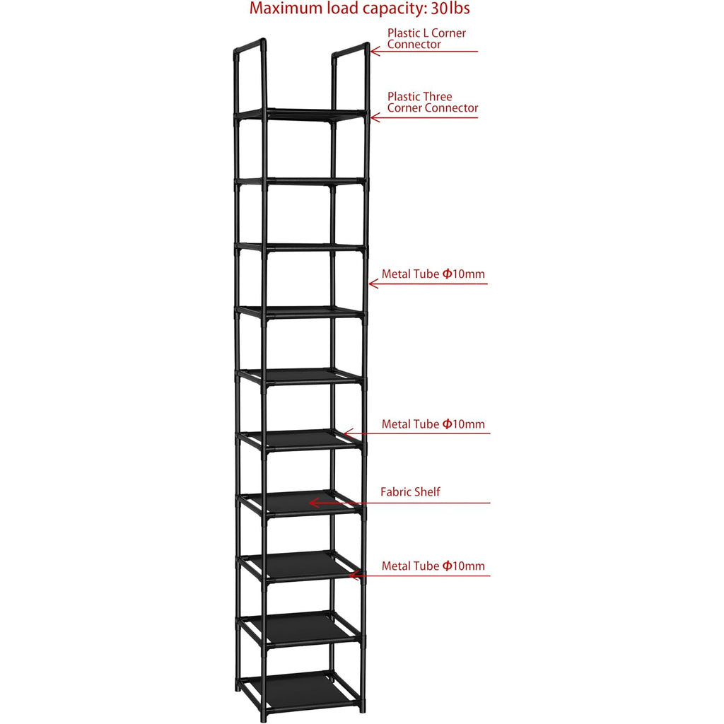 Fiducial Home 10 Tiers Vertical Shoe Rack 10 Pairs Skinny Shoe Shelf | Tall Narrow Space Saving For Entryway Closet, Easy To Assemble, 11"L X 11"W X 68.8"H