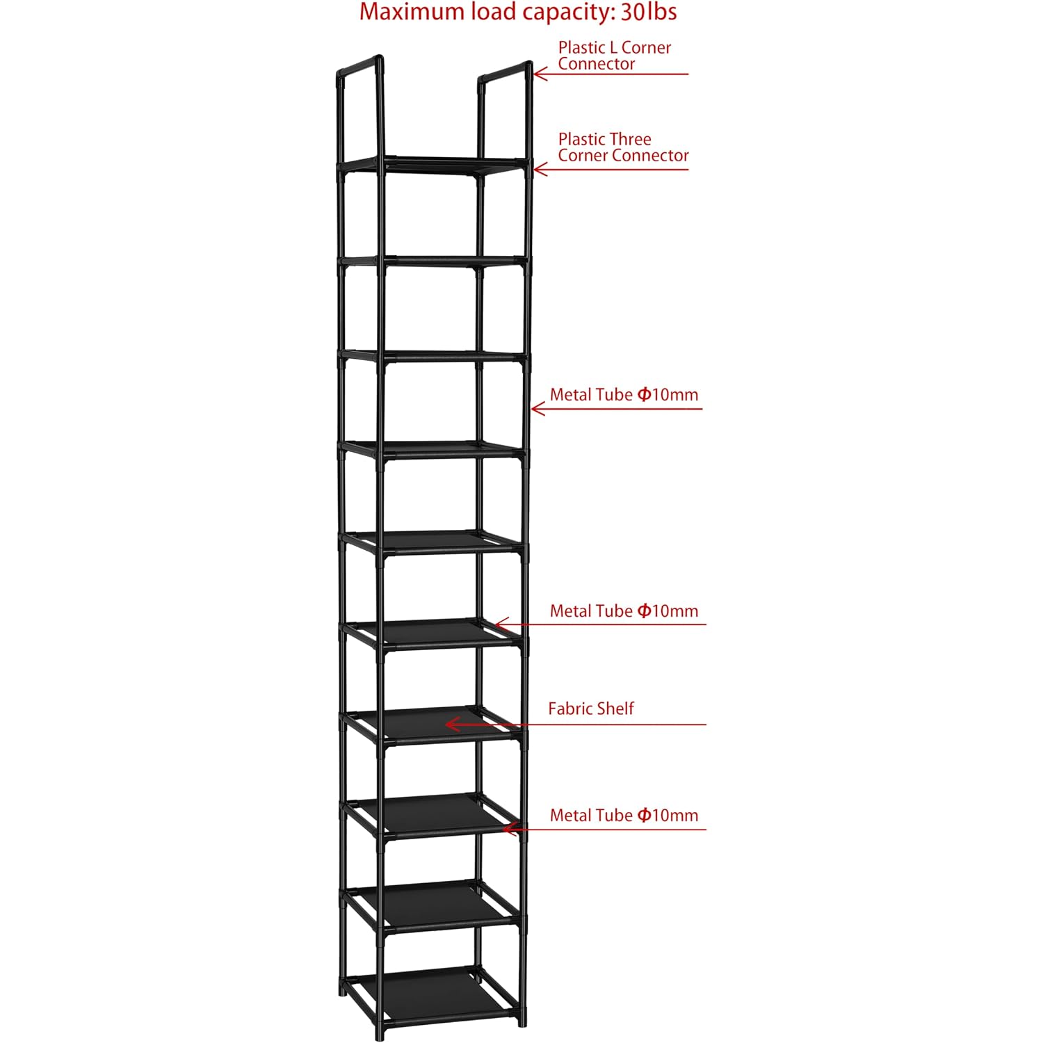 Fiducial Home 10 Tiers Vertical Shoe Rack 10 Pairs Skinny Shoe Shelf | Tall Narrow Space Saving For Entryway Closet, Easy To Assemble, 11"L X 11"W X 68.8"H