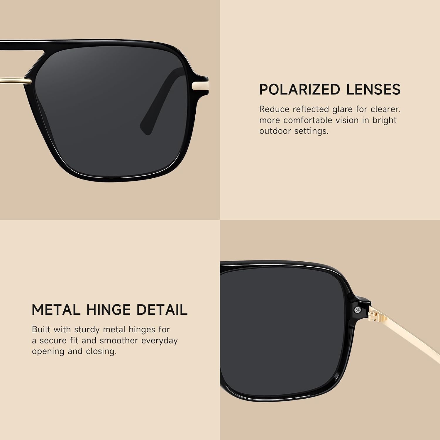 Fanshen Trendy Sunglasses Womens Men, Square Aviator Polarized Sun Glasses UV Protection for Driving, Travel & Everyday Wear A01 Black