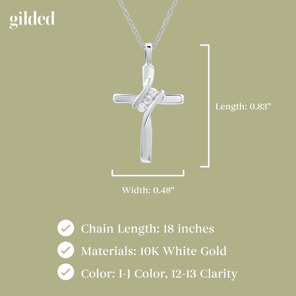 GILDED Small 10K White Gold Natural Round-Cut Diamond Accent (I-J Color, I2-I3 Clarity) 3 Stone Cross Pendant-Necklace,18"