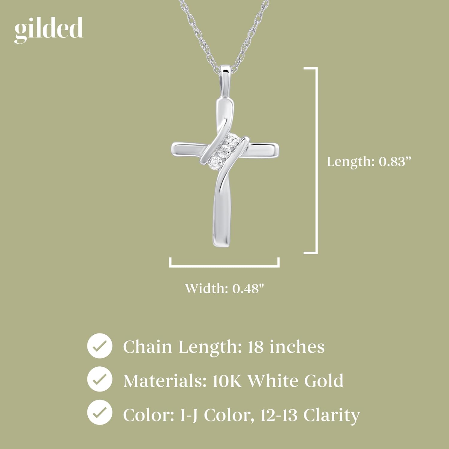 GILDED Small 10K White Gold Natural Round-Cut Diamond Accent (I-J Color, I2-I3 Clarity) 3 Stone Cross Pendant-Necklace,18"
