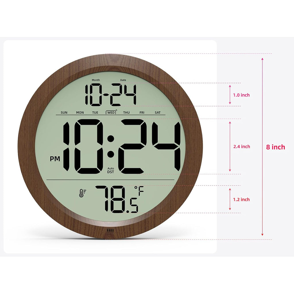 Digital Wall Clock Battery-Operated, 8 Inch Small Decorative Modern Wood Wall Clock With Date, Temperature, Auto-Dst, Silent Electric Wall Clock For Bedroom, Living Room, Kitchen, Office, Farmhouse