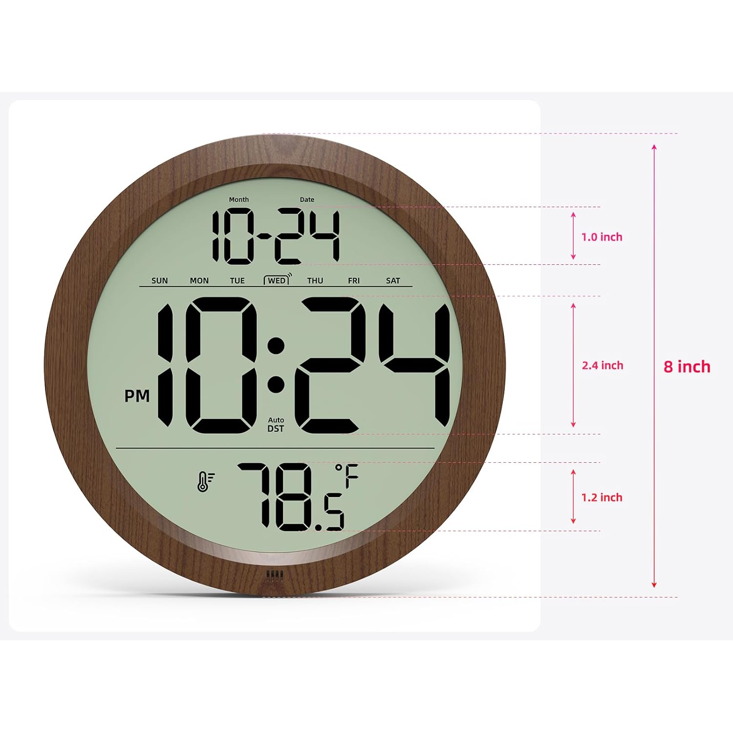 Digital Wall Clock Battery-Operated, 8 Inch Small Decorative Modern Wood Wall Clock With Date, Temperature, Auto-Dst, Silent Electric Wall Clock For Bedroom, Living Room, Kitchen, Office, Farmhouse