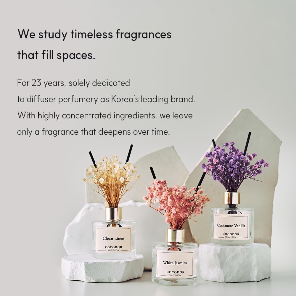 Cocodor Real Flower Reed Diffuser Set Of 3/Clean Linen,Cashmere Vanilla,White Jasmine/1.6Oz Each Pack/Home Fragrance Diffuser, Oil Scent Diffuser For Bathroom Shelf Decor
