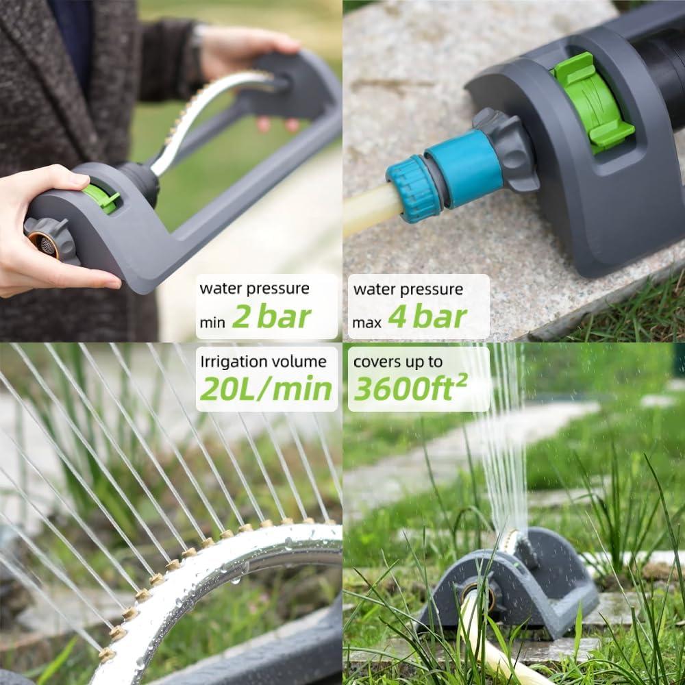 Lawn Sprinkler, Oscillating Sprinkler For Yard With 18 Hole Brass Nozzles, Watering For Lawn & Garden Covers Up To 3,600 Sq.Ft, Easy Adjust Range Control, Built-In Spray Jet Cleaning Needle (Gray)