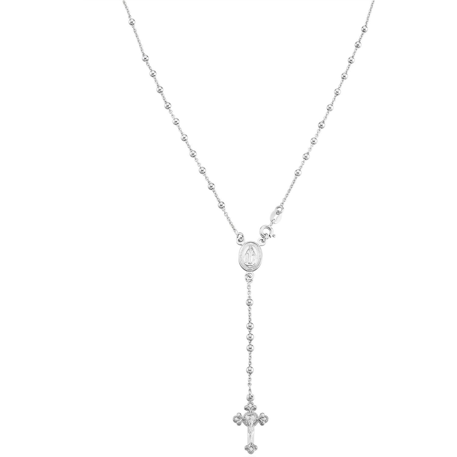 Miabella Italian 925 Sterling Silver or 18K Gold Plated Rosary Bead Cross Y Necklace Chain for Women