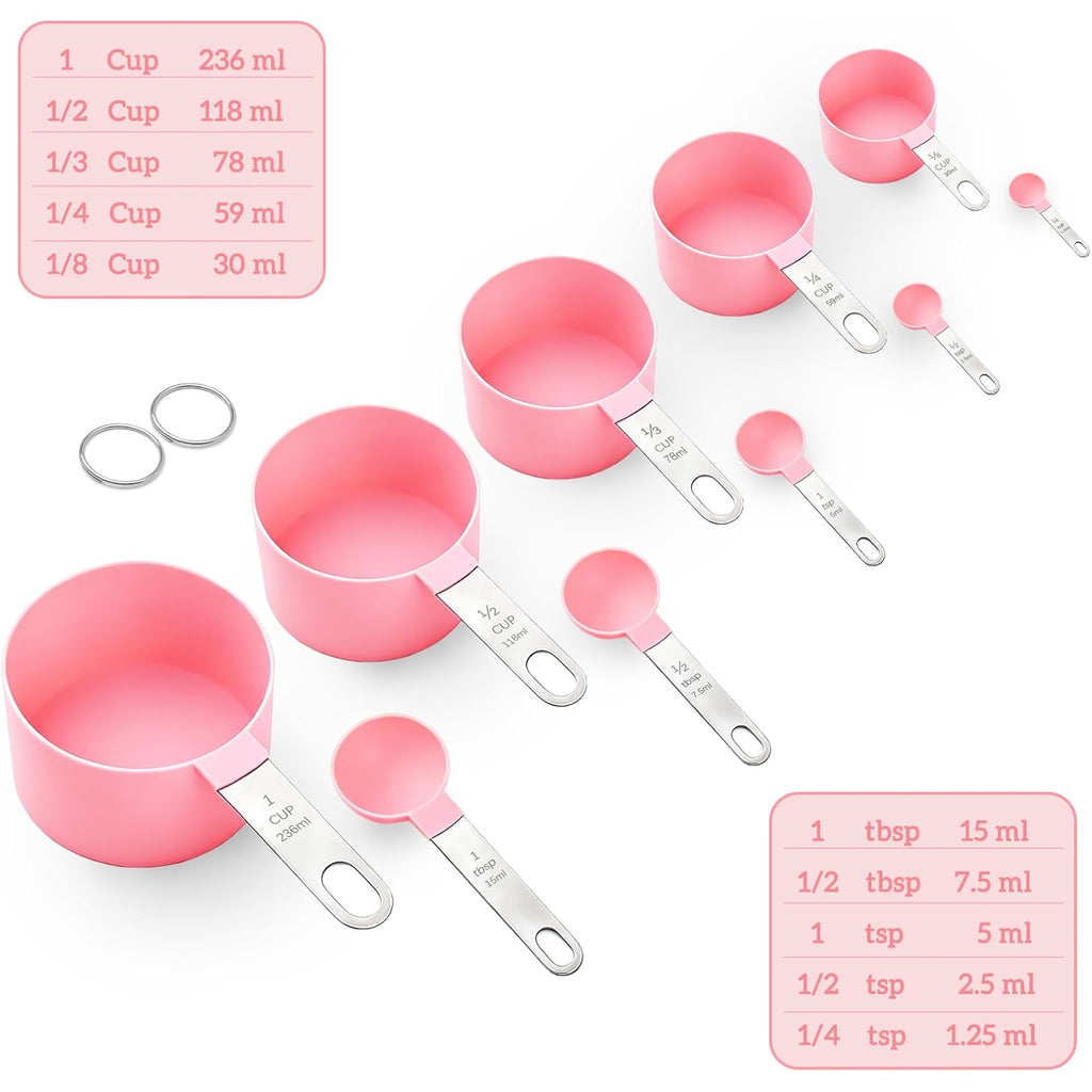 Measuring Cups And Spoons Set, 10 Pieces Stackable Measure Tools With Stainless Steel Handles, Kitchen Gadgets For Cooking & Baking (Pink)