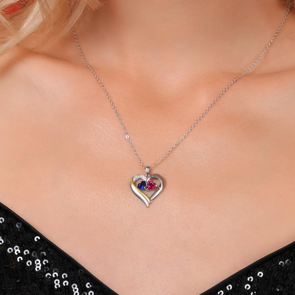 Gem Stone King 2-Heart Couple Name Engraved Pendant Necklace For Women | 925 Sterling Silver and 10K Yellow Gold | Customized and Personalized | Gemstone Birthstone and Lab Grown Diamond | 18 Inch
