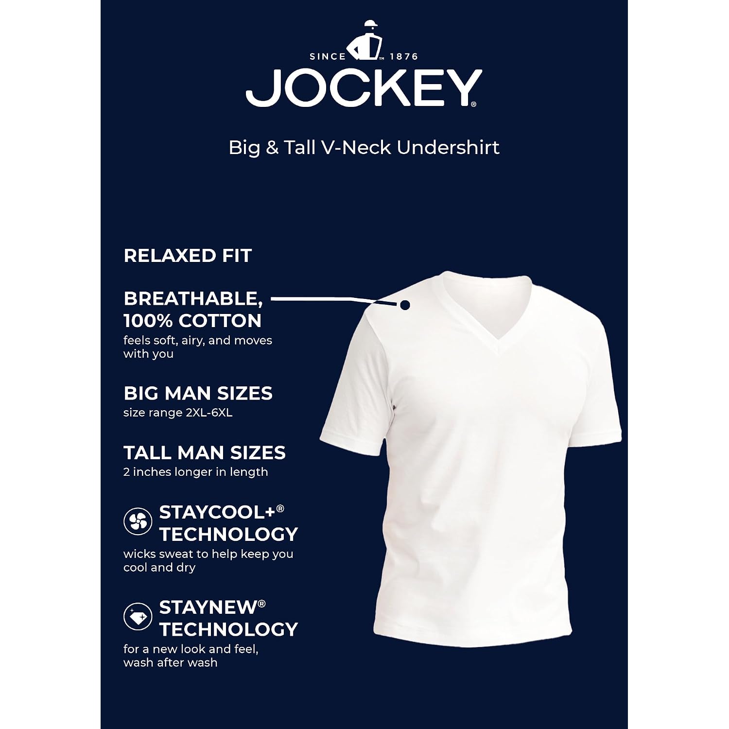 Jockey Big & Tall Classic V-Neck Undershirt- 6 Pack - 100% Cotton T-Shirts For Men