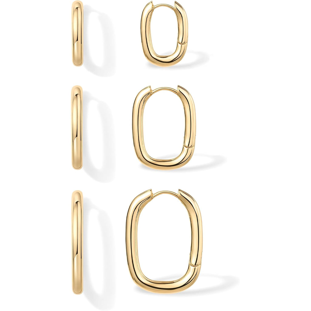 PAVOI 18K Gold Plated 925 Sterling Silver Posts Small Hoop Earrings for Women - Trendy Geometric Plain Chunky Huggie Earscape Piercing Pack - Hypoallergenic Everyday Gold Hoop Earrings Set