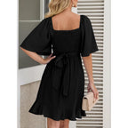 Dokotoo Women'S Wrap V Neck Short Flared Sleeve Wedding Guest Dress Smocked Elastic Waist Tiered Belted Ruffle Hem Mini Dress
