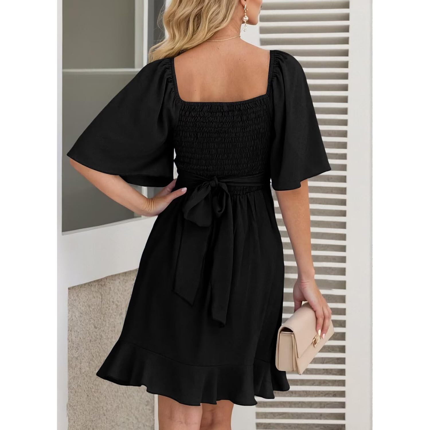 Dokotoo Women'S Wrap V Neck Short Flared Sleeve Wedding Guest Dress Smocked Elastic Waist Tiered Belted Ruffle Hem Mini Dress