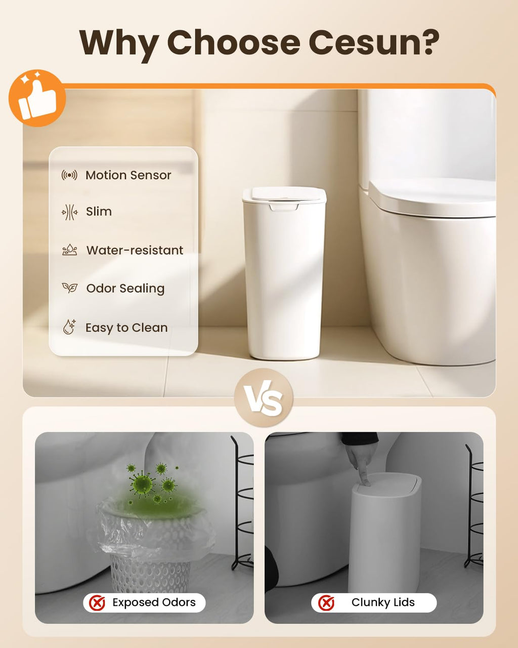 Cesun Motion Sensor Trash Can, 5 Gallon Automatic Bathroom Garbage Can With Lid, Touchless Smart Plastic Slim Wastebasket For Bathroom, Office, Rv, Bedroom, Living Room, White