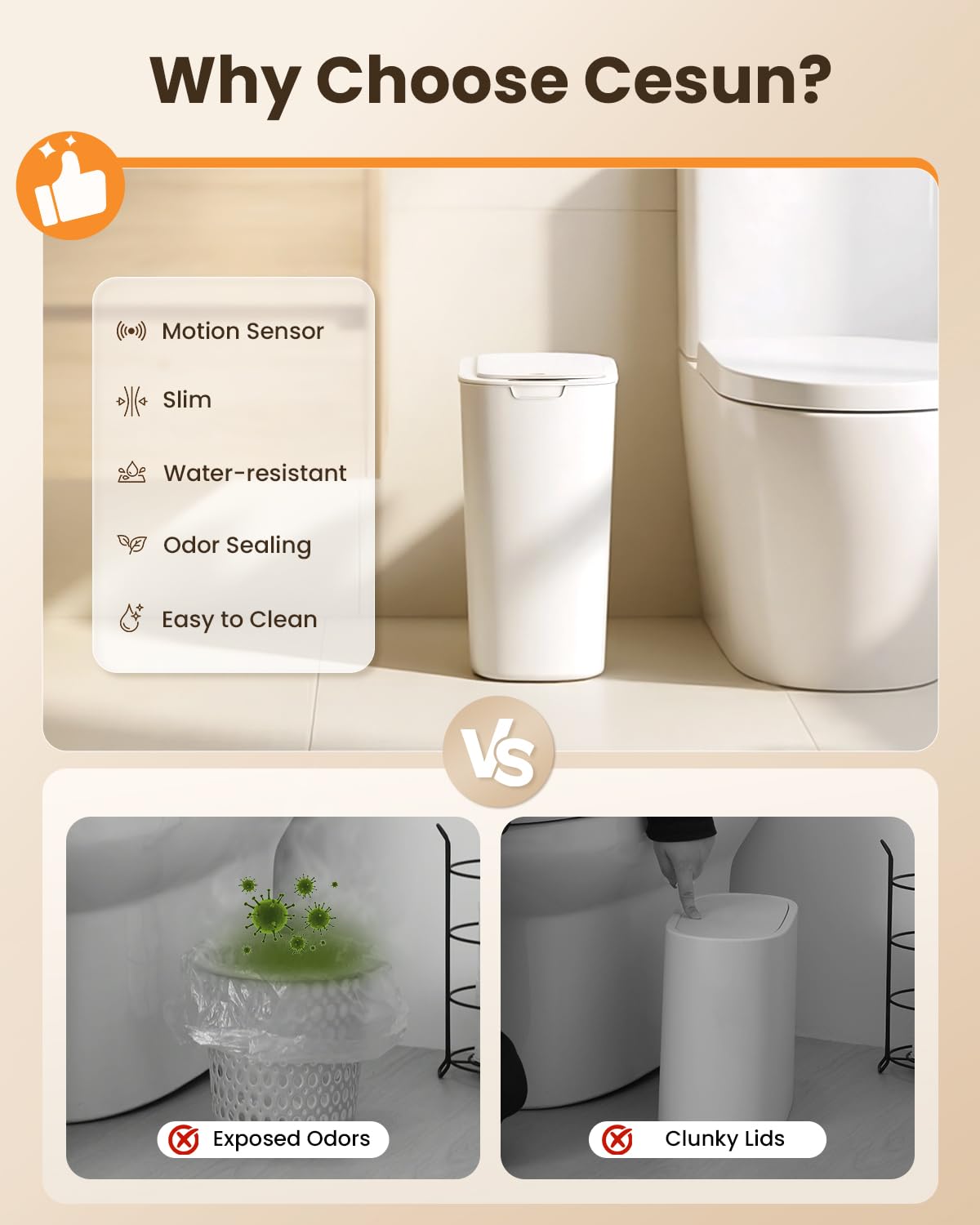 Cesun Motion Sensor Trash Can, 5 Gallon Automatic Bathroom Garbage Can With Lid, Touchless Smart Plastic Slim Wastebasket For Bathroom, Office, Rv, Bedroom, Living Room, White