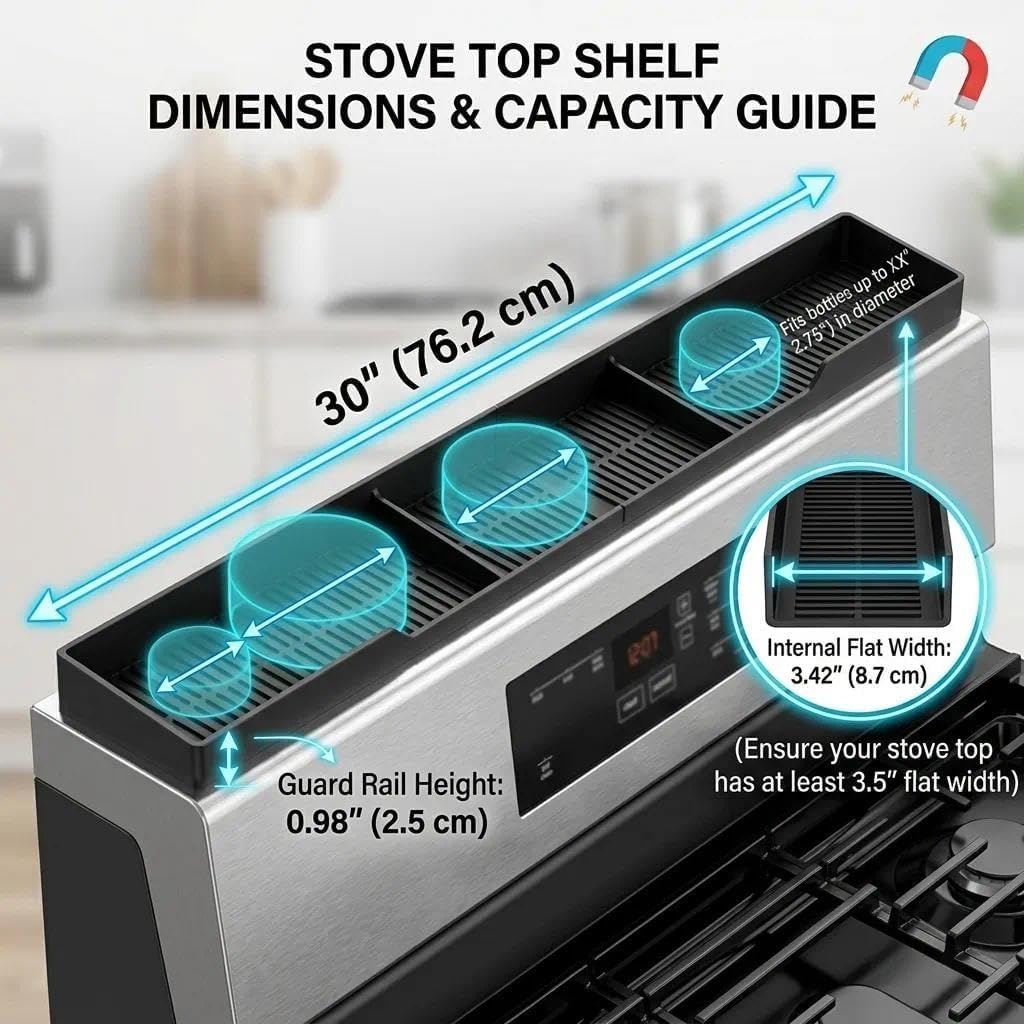 Stove Top Shelf 30 Inch - Silicone Material Magnetic Shelf For Stove - 3 Functional Partitions Kitchen Spice Rack Organizer-Black,Kitchen Gadgets Storage Organization