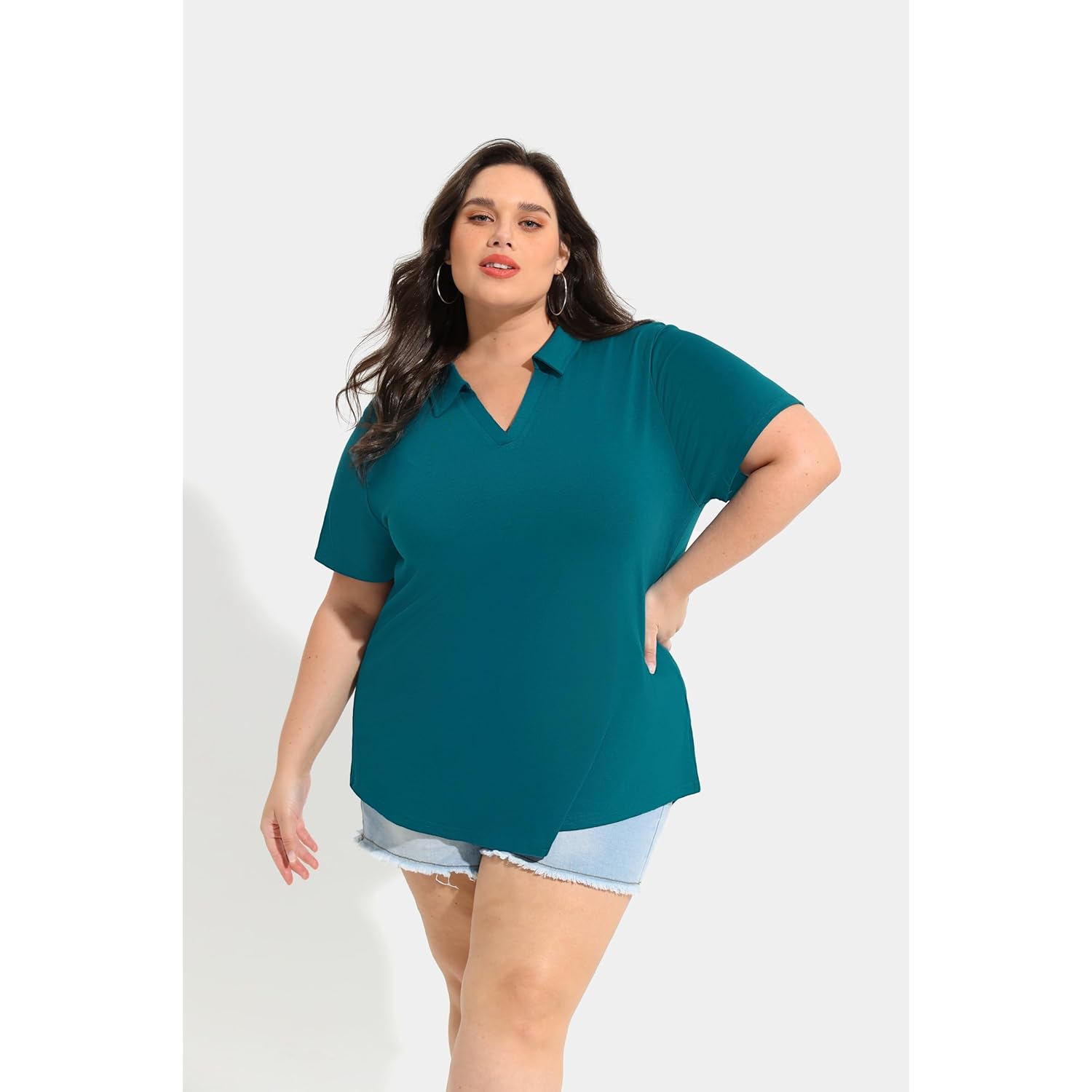 Plus Size Collared Polo Shirts Summer Short Sleeve V Neck Business Tops for Women XL-5XL