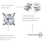 925 Sterling Silver Stud Earrings, 4 Pairs Square Cubic Zirconia Stud Earrings Set for Women Men 3 4 5 6mm