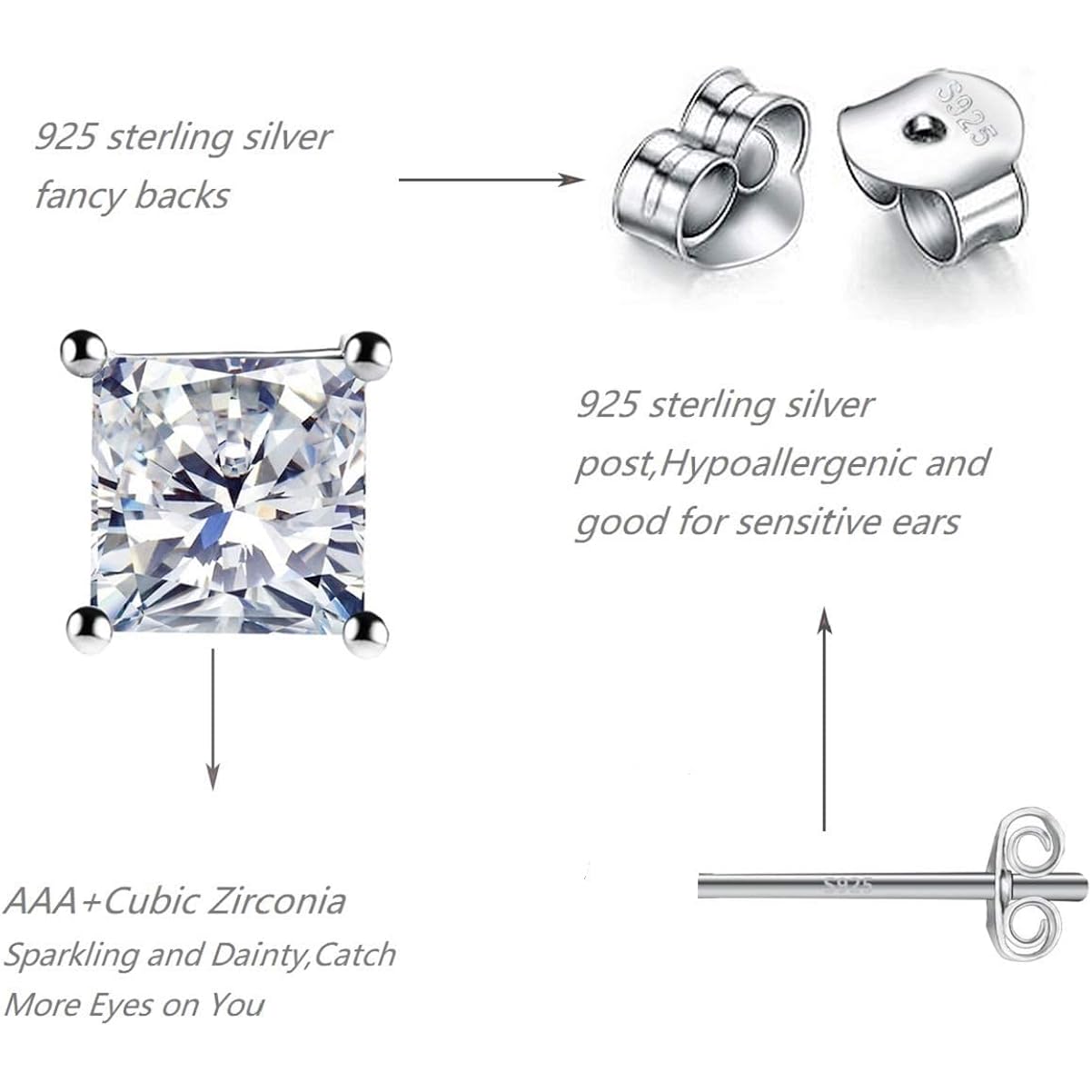 925 Sterling Silver Stud Earrings, 4 Pairs Square Cubic Zirconia Stud Earrings Set for Women Men 3 4 5 6mm
