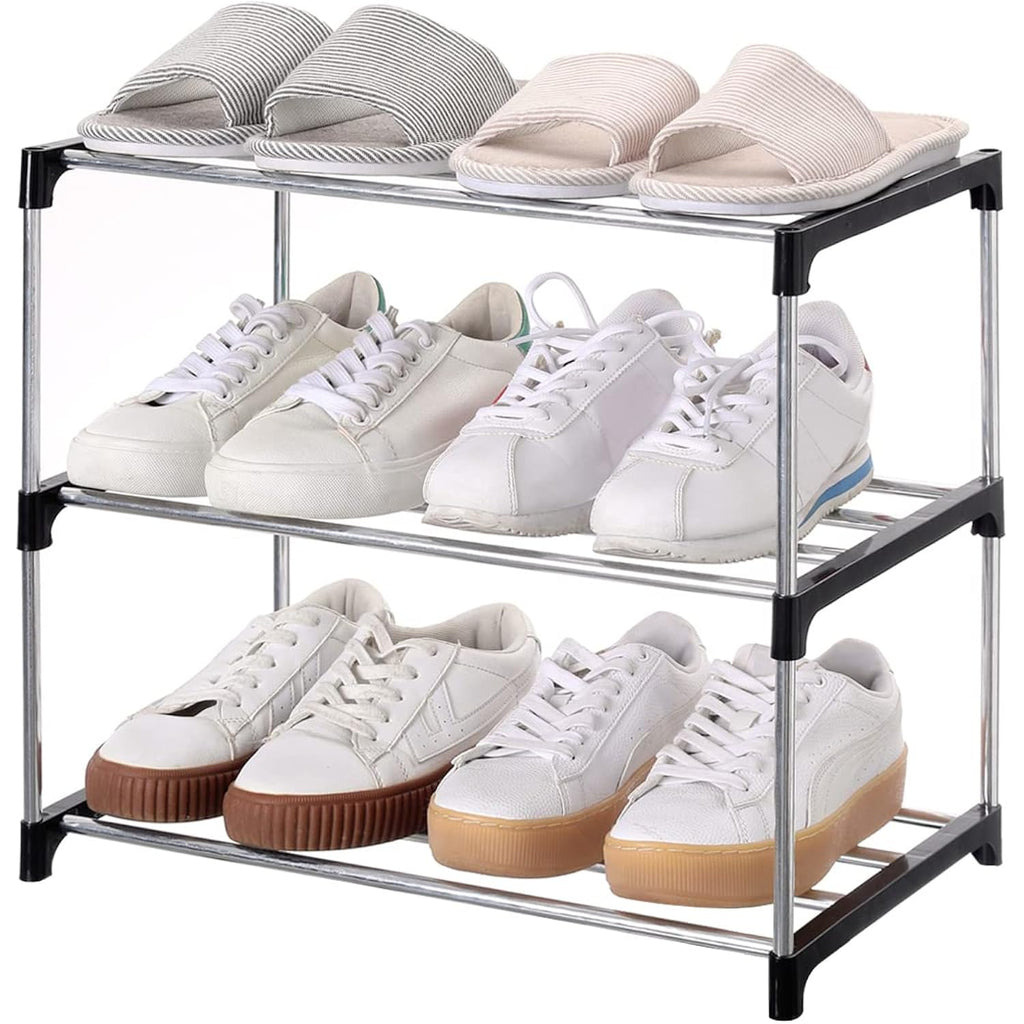 Jucaifu Stackable Small Shoe Rack, Entryway, Hallway And Closet Space Saving Storage And Organization (3-Tier, Black)
