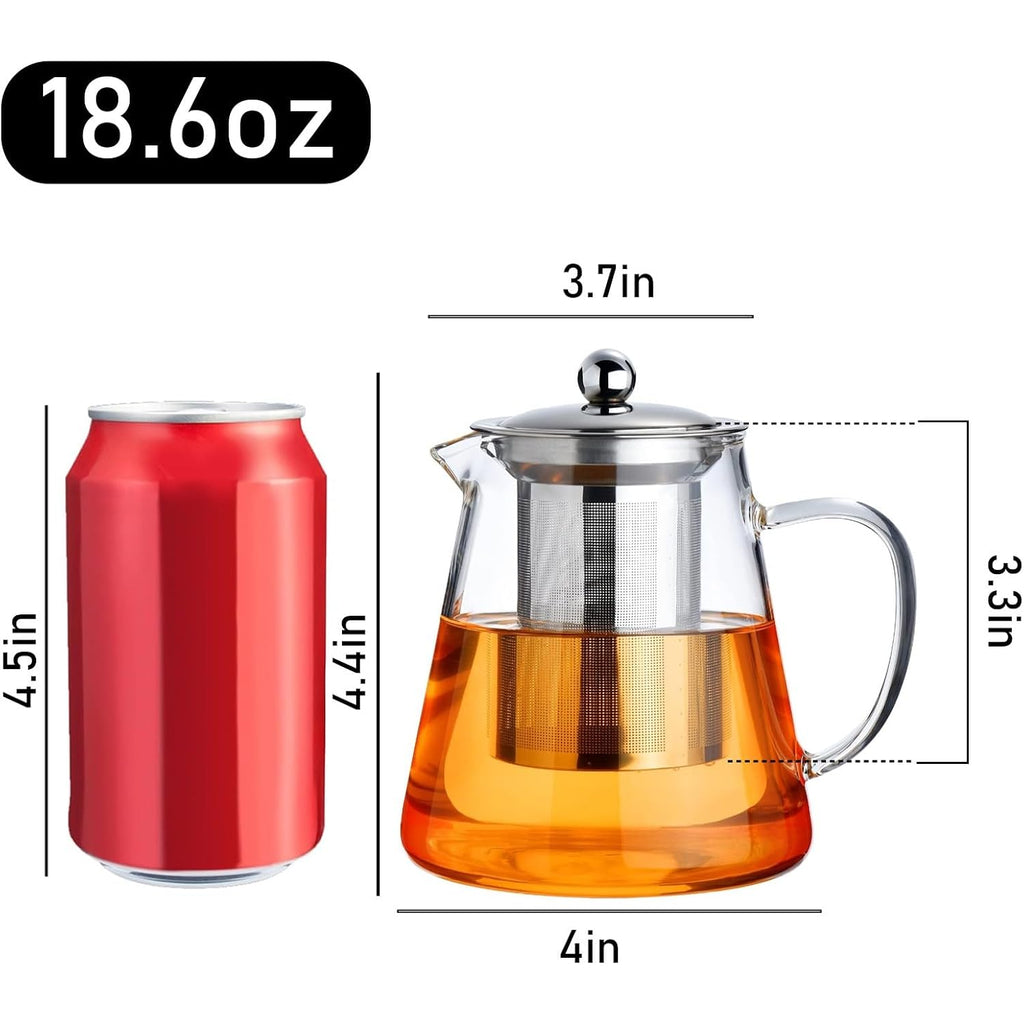 PARACITY Glass Teapot Stovetop 18.6 OZ, Borosilicate Clear Tea Kettle with Removable 18/8 Stainless Steel Infuser, Teapot Blooming and Loose Leaf Tea Maker Tea Brewer for Camping, Travel (550ML)