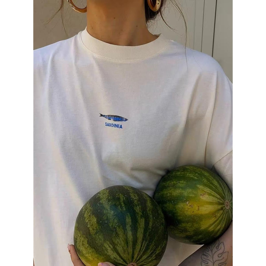 Cute Strawberry Beach Shirts Oversized Graphic Tees Women Short Sleeve Y2k Summer Tops 2000s Aesthetic Preppy Clothes Fish Blue