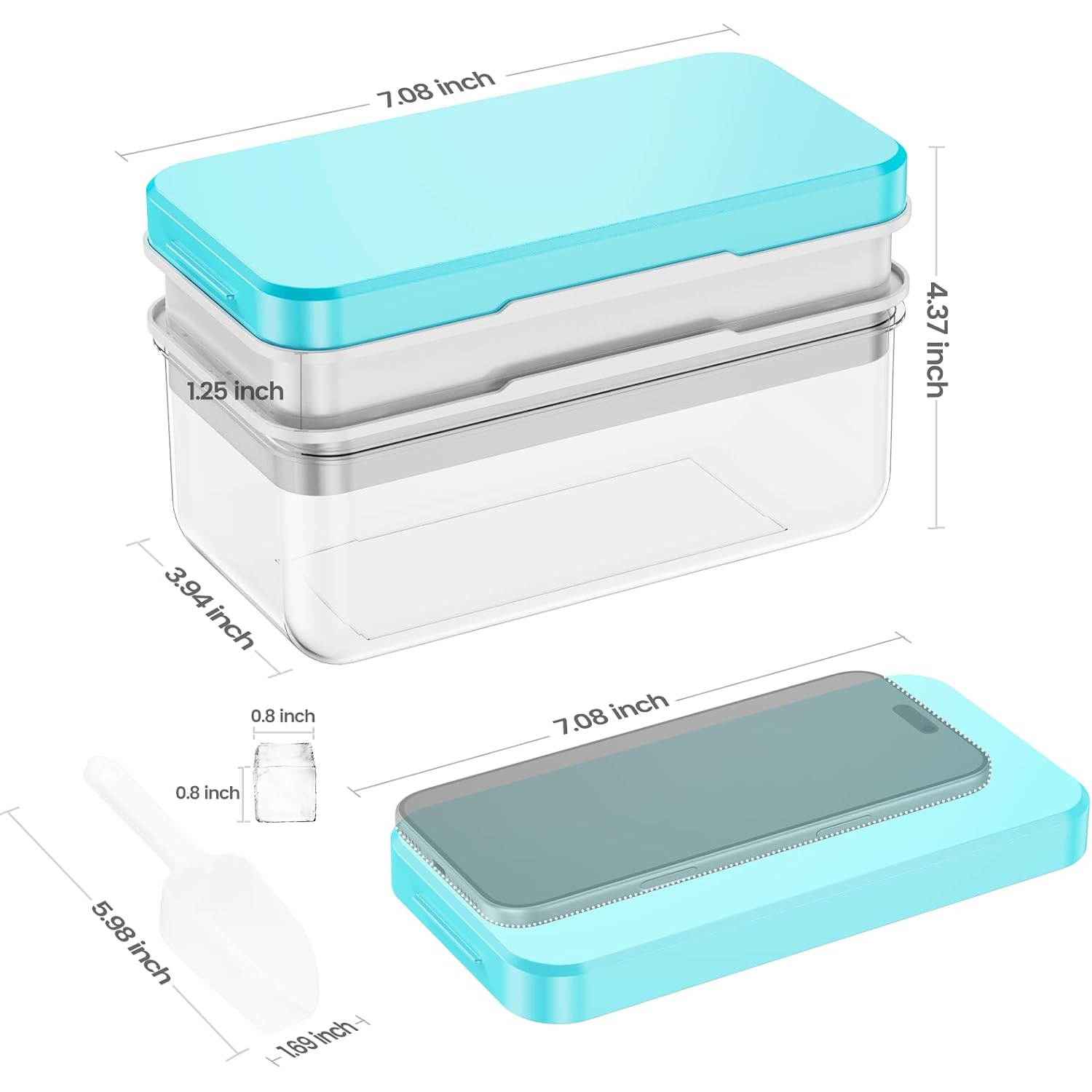 0.8“ Ice Cube Tray With Lid And Bin, Phinox 56 Cubes Ice Trays For Freezer, Ice Cube Trays For Freezer With 2 Trays, Container, Lid & Ice Scoop, Bpa Free, Blue(28Cubes/Tier)