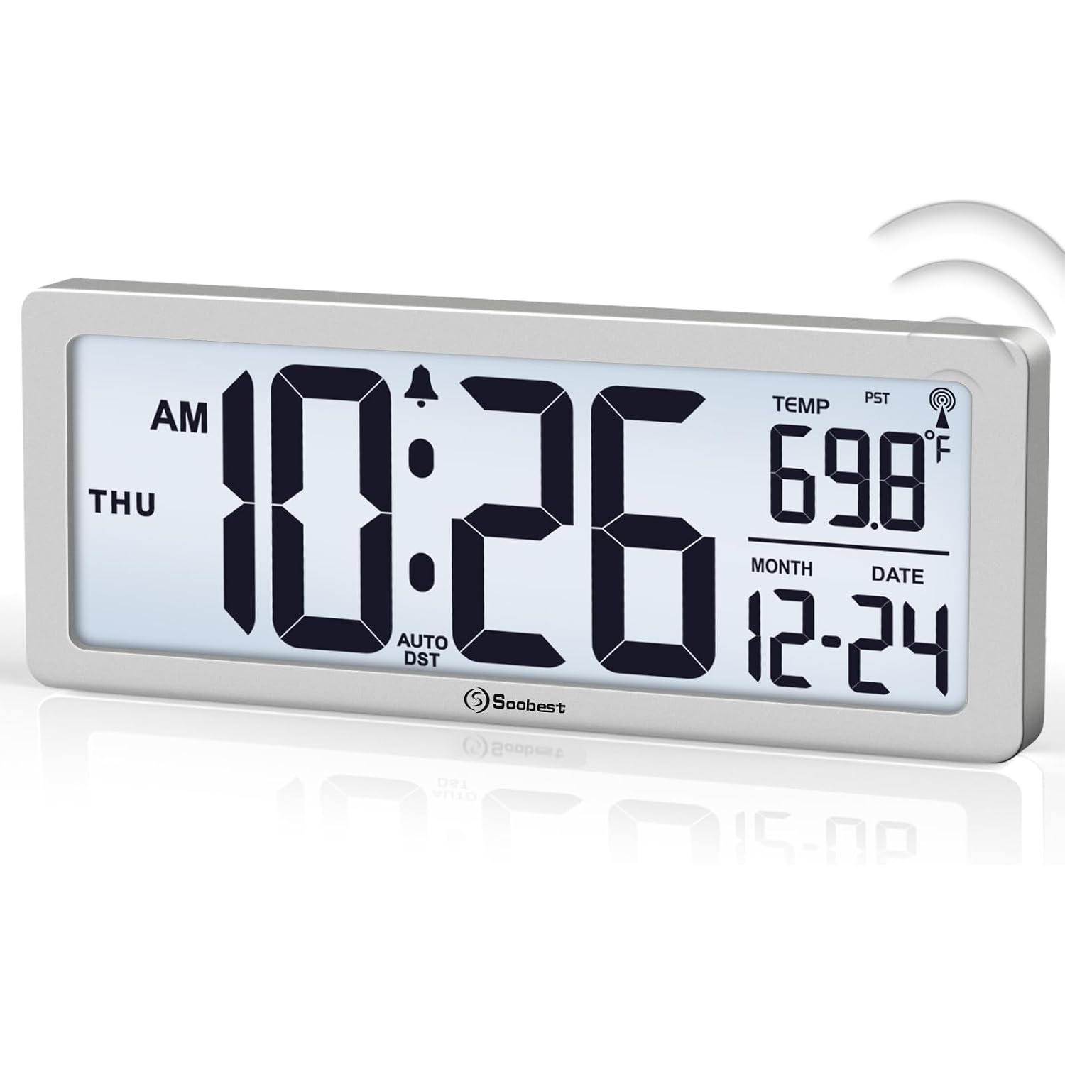 8.5" Atomic Digital Wall Clock, Never Needs Setting, Auto Time Sync, Accurate & Easy To Use Clock With Backlight, Battery Operated, Temperature, Date, Auto Dst, 4 Time Zones(Silver)