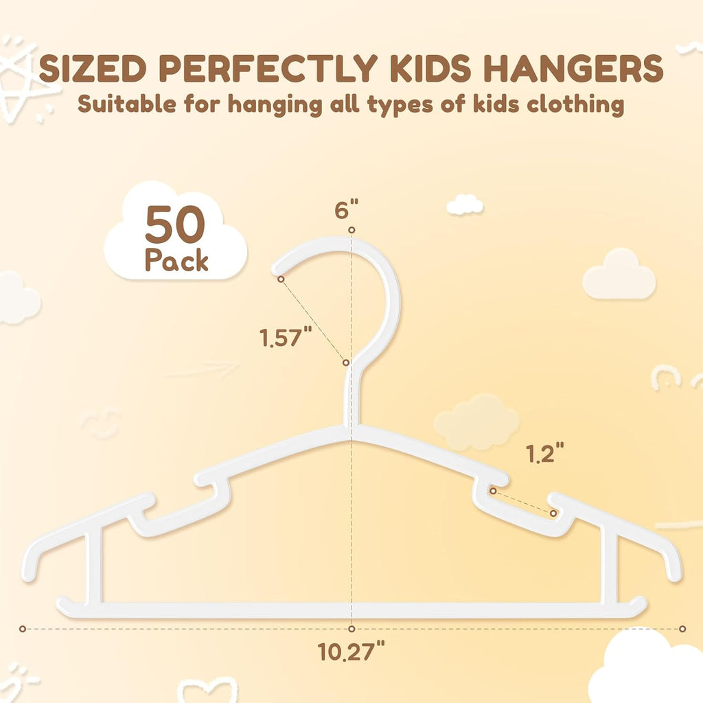 Kids Plastic Hangers, Baby Clothes Hangers For Closet 50 Packs Non-Slip Toddler Hangers For Infant Child Clothing, Small Children, For Pants Coats Skirts (White)