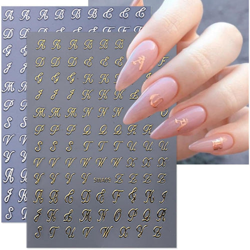 8 Sheets Vintage English Letter Nail Decals, Gold, Silver, Black, White 3D Self-Adhesive Nail Stickers for Nails Art Decoration