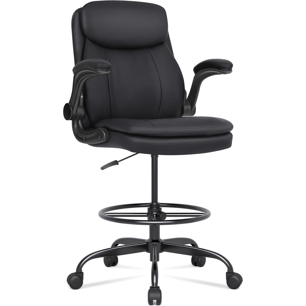Misolant Drafting Chair, Tall Office Chair For Standing Desk, High Leather Executive Office Chair With Adjustable Height And Flip-Up Armrest For Counter Height Desk