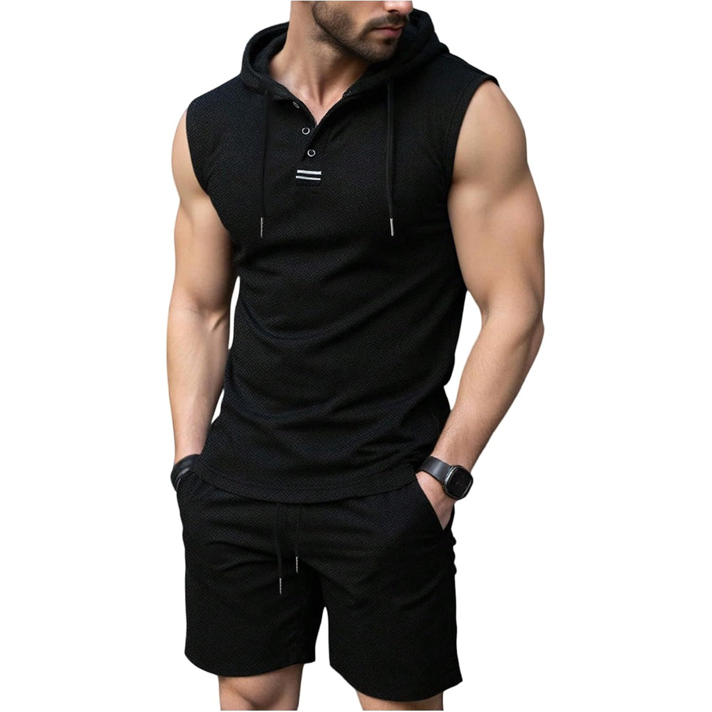 Oyoangle Men'S Sleeveless Workout Hoodie And Shorts Set 2 Piece Outfits Hooded Tank Tops Gym Tracksuit Sweatsuits