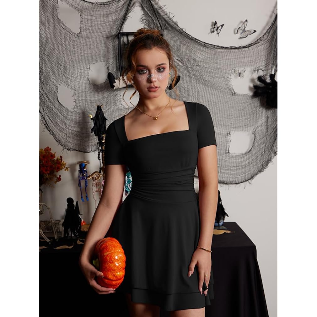 Xxtaxn Women'S Sexy Square Neck Short Sleeve Ruched Tiered Ruffle Hem Flowy Club Party Mini Dress