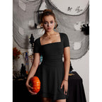 Xxtaxn Women'S Sexy Square Neck Short Sleeve Ruched Tiered Ruffle Hem Flowy Club Party Mini Dress