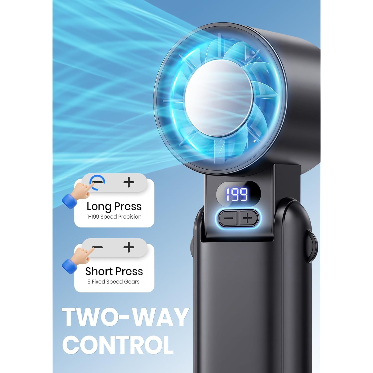 Portable Handheld Turbo Fan, 1-199 Speed Adjustable, Black | 4 In 1 Pocket Design With Led Display, High-Power Motor, Rechargeable Battery, Mini Fans For Indoor/Outdoor/Travel/Work